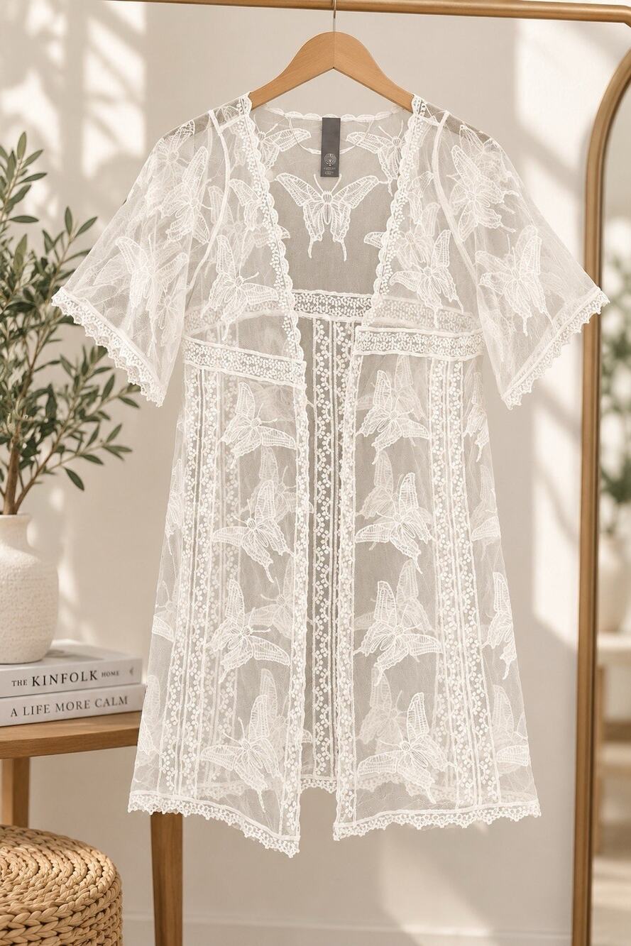 Vince Camuto Butterfly Lace Kimono Womens OS One Size White Sheer Mesh Duster
